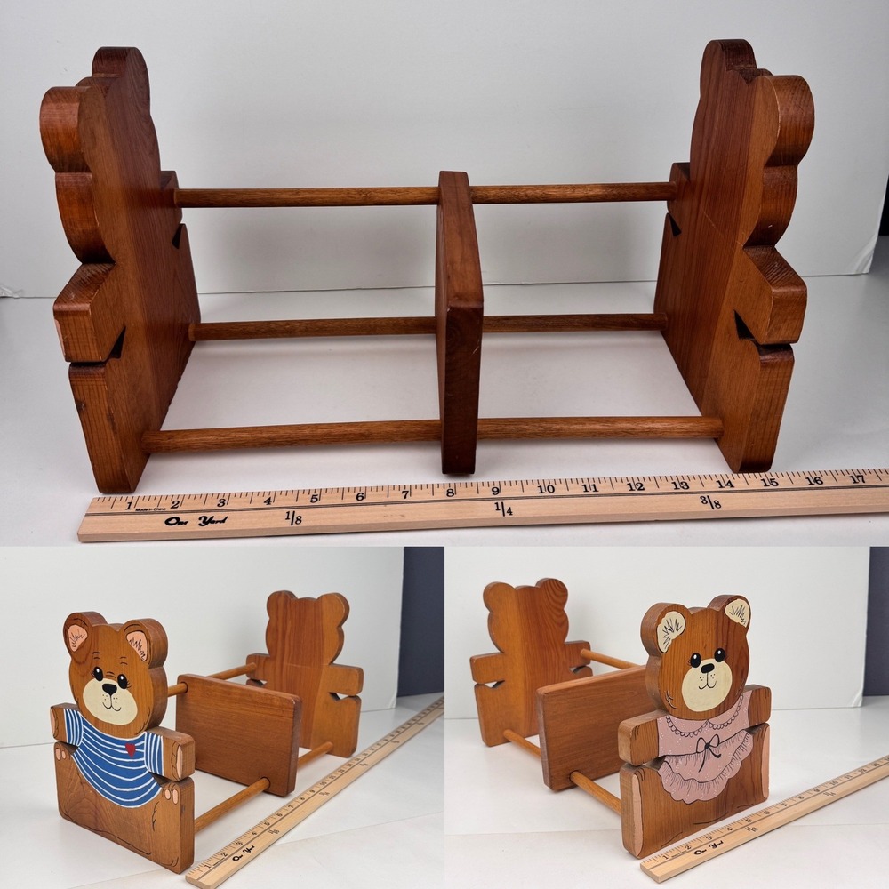 1Vtg Boy Girl Teddy Bears Wooden Book Rack Holder Tabletop Sliding Nursery Decor